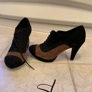 Le Chateau black and brown suede lace-up heeled booties